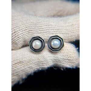 Sterling Silver Faux Pearl Stud Octagonal Earrings